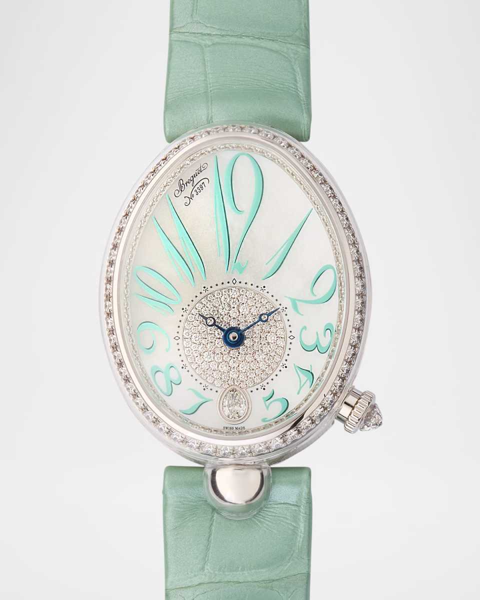 18K White Gold 28.5mm Reine de Naples Diamond Watch with Green Alligator Strap